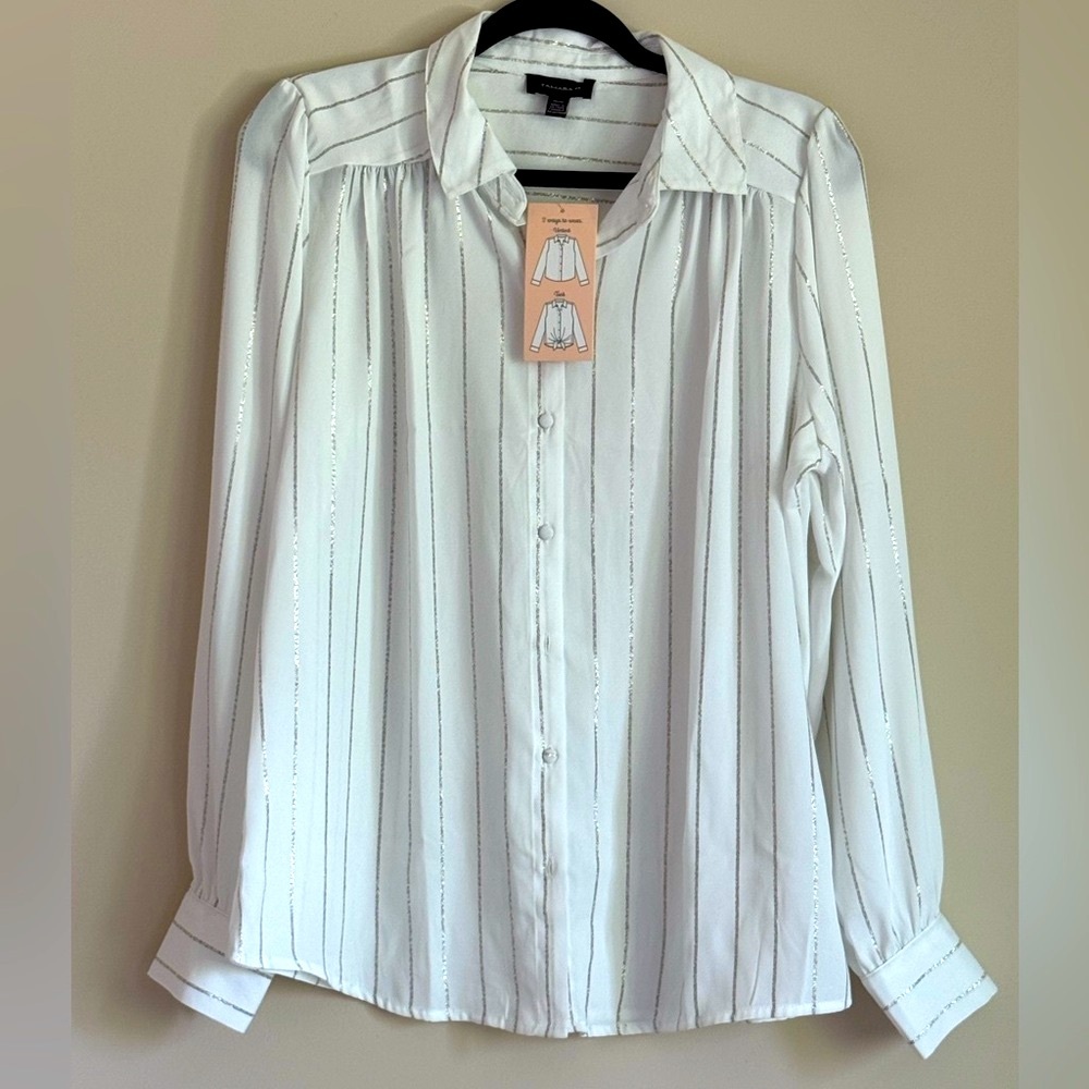 Tamara H White Silver Stripe Long Sleeve Button Down Shirt with Notched Collar